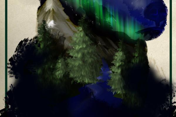 Bear shaped scene of a mountain with aurora in sky
